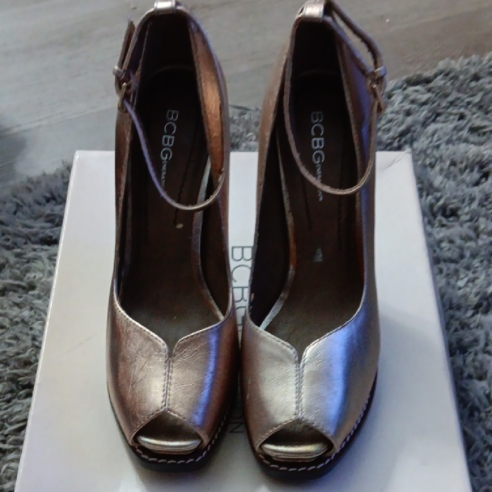 BCBG Bronze and Silver Peep-Toe Heels